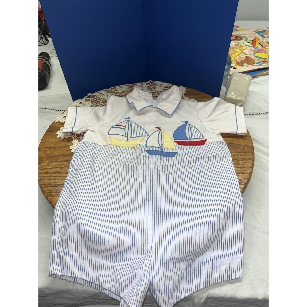 Vintage Baby Boy Romper  6-9 Months Blue Rocking Horse Yellow Duck Embroidered